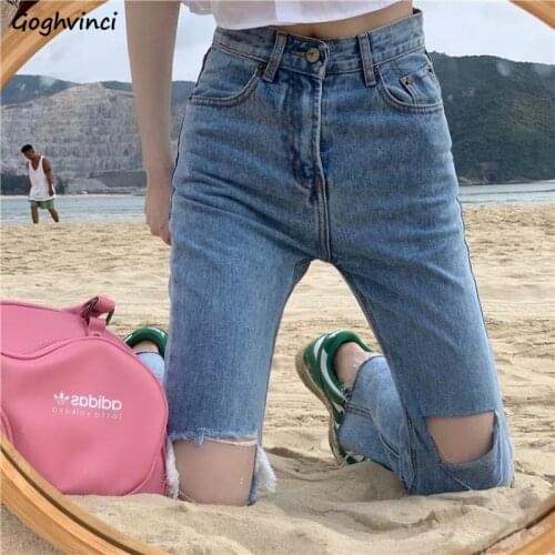 Jeans Women Denim High Waist Hole Full-length Pockets Ripped Summer Thin Slim All-match Fashion Casual Vacation Trousers College