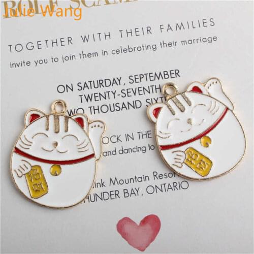 Julie Wang 5pcs Enamel Fortune Cat Charms Alloy Gold Tone Lucky Cat Animal Pendant Necklace Bracelet Jewelry Making Accessory