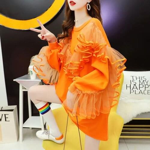 Korean Plus Size Lazy Style Women Spring Pullover Long-Sleeved Loose Sweatshirt Mesh Ruffles Patchwork Oversized Tshirt Long Top