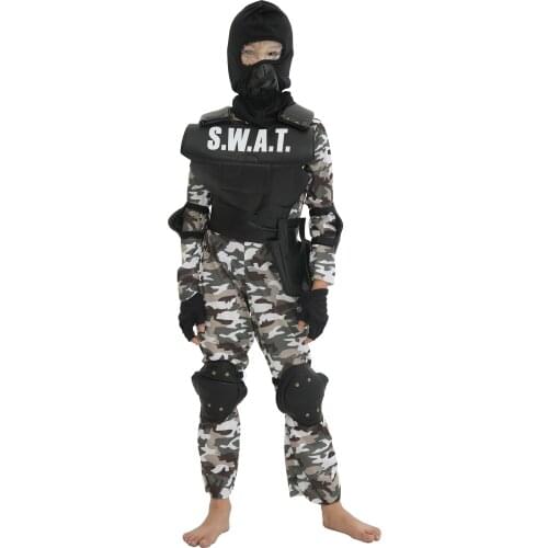 Policeman SWAT Halloween Carnival Party Cosplay Costume for Boys Kid Child Special Forces Uniform Combat Tactics Suit Army Cloth