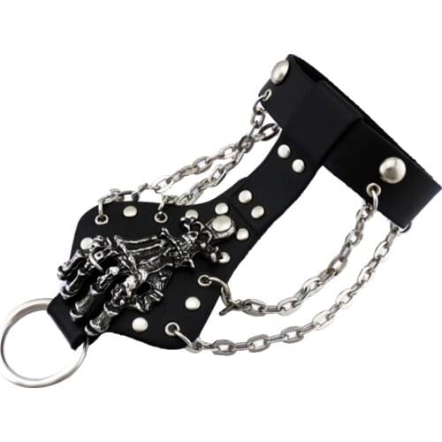 Mens Gothic Alloy Herringbone Skeleton Hand Coat Leather Cuff