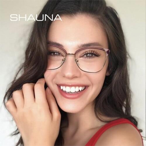 SHAUNA Retro Cat Eye Women Metal Glasses Frame Fashion Clear Anti Blue Light Optical Eyewear Men Spring Hinge Computer Goggles
