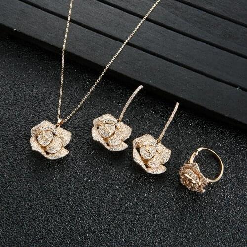 Luxury AAA zircon Rose flower shape Necklace Earrings Ring set for women,high quality party/Wedding jewelry D4642