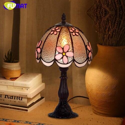 FUMAT Stained Glass Table Lamp Art Small Table Lamp Living Room Bedside Pink Flower Lamp Romantic Decoration LED Table Lights