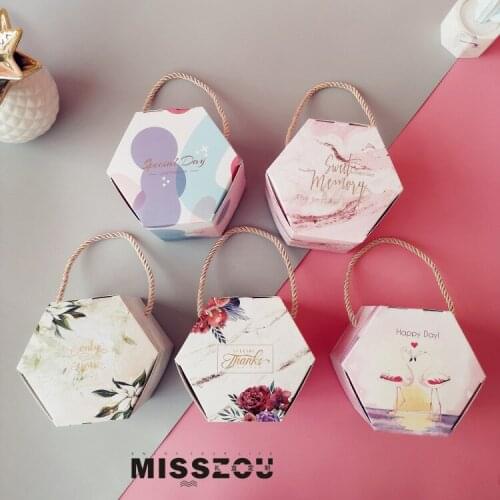 New hexagon wedding candy box birthday sugar paper packaging flower Thank you gift box коробка упаковка пакетики для конфет 20pc