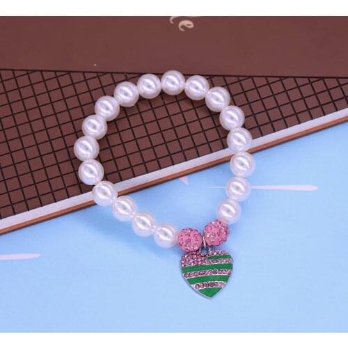 New Made Stretch Pearl Chain Green Pink Crystal Heart Charm Bracelets Greek Sorority Women Gift Jewelry