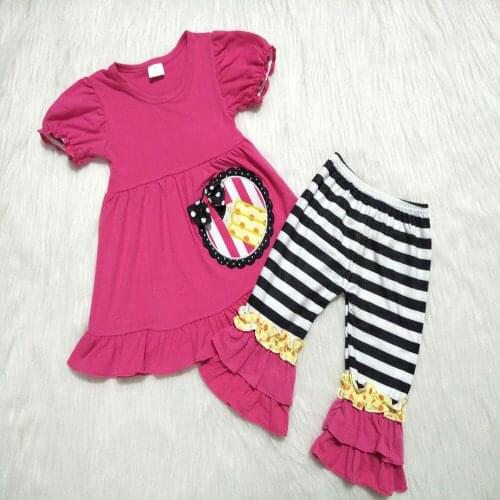 New arrival school outfits for baby girls red pencil top+striped ruffle pants 2 pcs sets girl back to school embroidery outfit