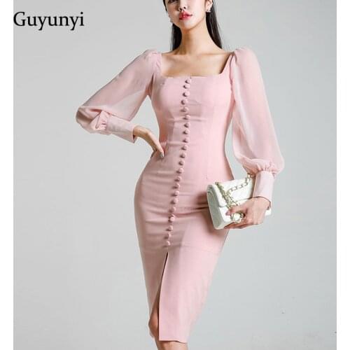 Temperament office dress square collar single-breasted chiffon stitching long-sleeved bag hip slim dress 2021 spring party dress