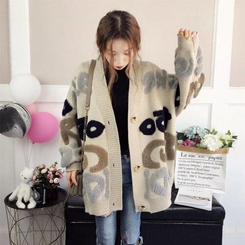 Autumn Womens New Knit Cardigan Korean Printed Loose Harajuku Style Long Sleeve Chic Cardigan Women Wm