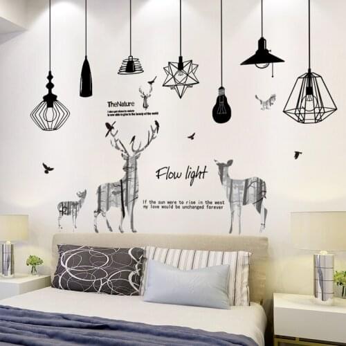 [SHIJUEHEZI] Deer Animal Wall Stickers DIY Black Chandeliers Lights Wall Decals for Kids Room Bedroom HomeDecoration