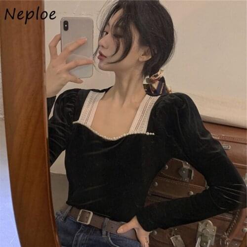 Neploe Chic Square Neck Puff Sleeve Blouses Women Autumn 2021 New Spliced Woman Tops Embroidered Flares Velvet Blusas Mujer