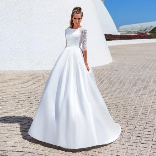 Modest Wedding Dresses O-neck Three Quarter Sleeves Beading Applique A Line Satin Dress Corset Bridal Gown Robe Mariee