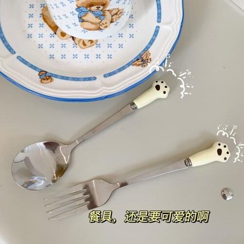 Cute Cartoon Cat Fork Stainless Steel Stirring Spoon Fruit Fork Coffee Stainless Steel Spoon Ceramic Handle Fruit Tools