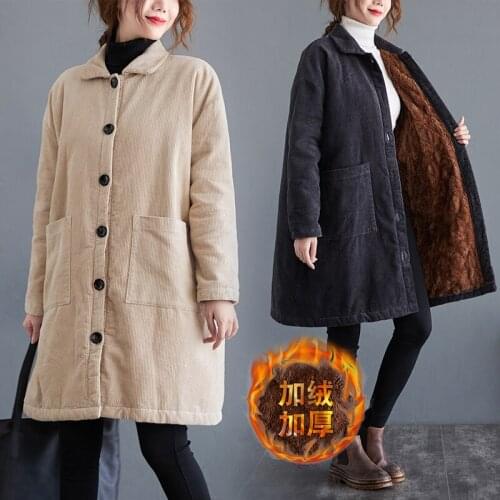 Vintage Plus velvet Thick Corduroy Jacket Womens 2021 Winter Loose Plus size Casual Warm Cotton Coat Solid Female Long Outwear