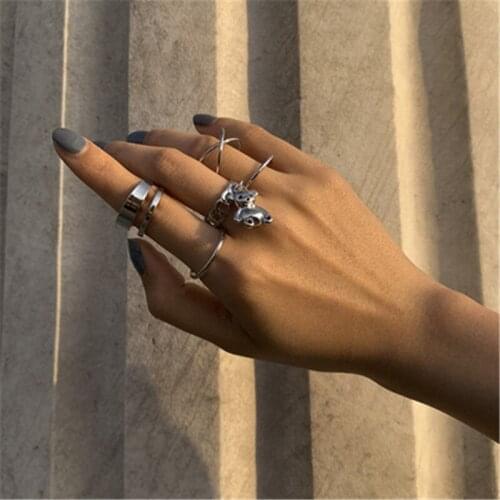 Vintage Gold Silver Color Bear Chain Ring Set for Women Girl Metal Carved Geometric Joint Rings Party Jewelry Wedding Party Gift