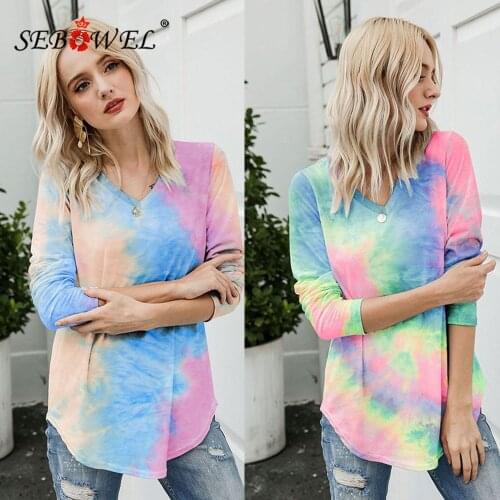SEBOWEL 2020 Womens Autumn Winter Tie-dye Top T-shirt Long Sleeve V-neck Gradient Color Tee Female Casual Fashion T-shirts