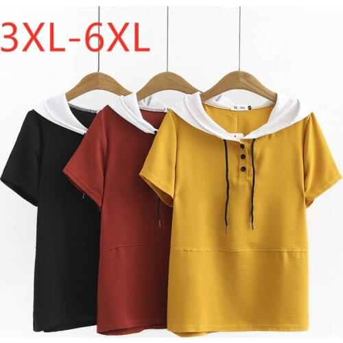 New 2021 summer plus size tops for women large loose short sleeve cotton button hoodie T-shirt yellow red black 3XL 4XL 5XL 6XL