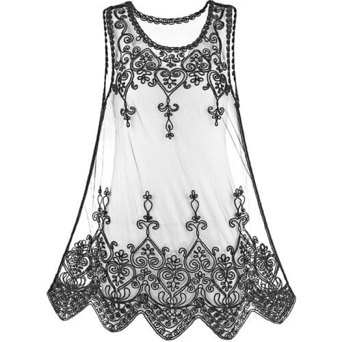 Women Perspective Casual Wild Flowers Blouse Embroidered Lace Hollow Mesh Gauze Vest Tops Black/White 4 Size