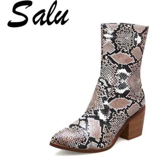 Salu New Sexy Women High Heels mid-calf Boots Pointed Toe Party Wedding Shoes Woman Ladies Micorfiber Leather Prom SIZE 42 43