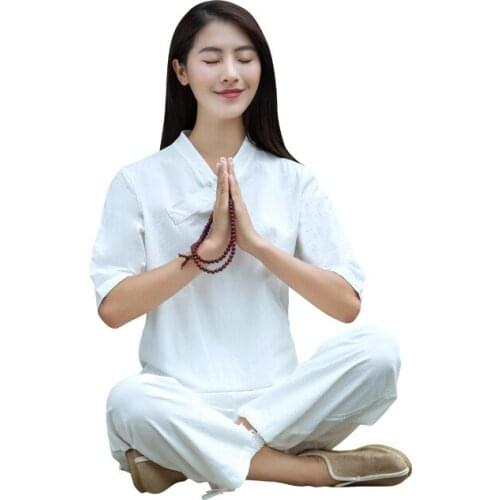 Women Yoga set Loose Cotton Linen Yoga Pants Half Length Yoga Top Pants Meditation Suit Tai Chi Kung Fu Martial Arts Clothing