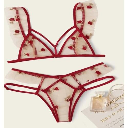 Women Sexy Lingerie Sets Floral Mesh Lace Underwear Thong Hollow Perspective Erotic G-string Nightwear Set Sleepwear