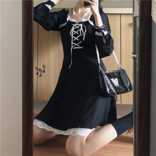 Sanishroly 2021 Spring Diablo Vintage Black Dresses Women Square Collar Lace Patchwork Dress Girl Tie Chic A Line Mini Dress