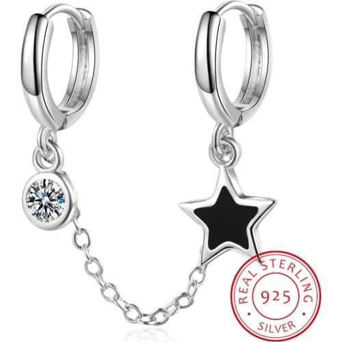 1PC 925 Sterling Silver Double Ear Hole Zirconia Hoop Earring Black Drop Glaze Star Earring For Women Minimalist Gift S-E1056