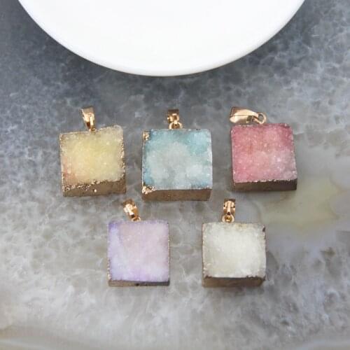 1pc Natural Agates Geode Square Pendants Charms,Druzy Quartz Nugget For DIY Jewelry Earring Necklace Making Accessories