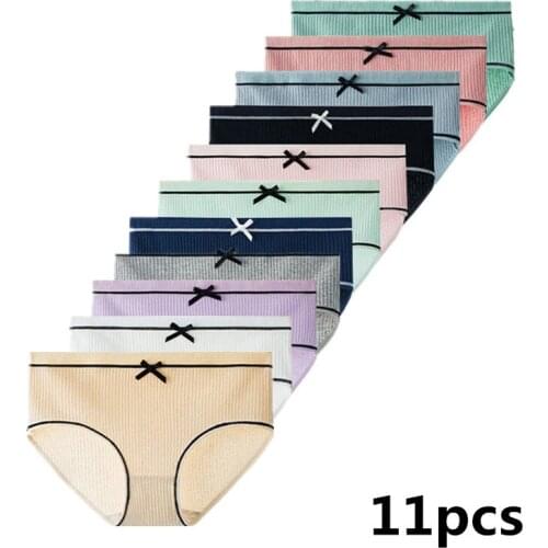 11pcs Sexy Womens Panties Female Underwear Cotton Mid-rise Underpants Solid Color Ladies Briefs Cute student lingerie
