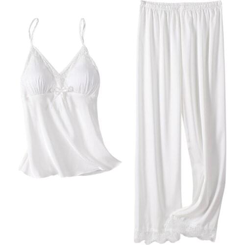 Women Faux Silk 2PCS Sleepwear Nightwear Sexy Pajamas Set Pijamas Soft Intimate Lingerie Lace Home Clothes Strap Top&Pants