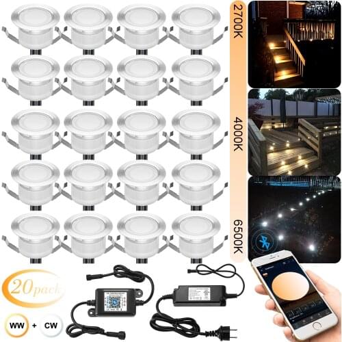20pcs 45mm WW+W+CW CCT Changeable 3in1 12V Outdoor Yard Path Stairs Patio LED Deck Floor Lights IP67 Bluetooth Controller