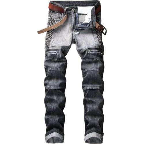 2020 High Quality Men Casual Jeans Coated Slim Straight Pleated Biker Jeans Pants Male Denim Casual Pants Plus Size 42