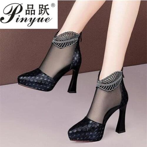 2021 Fashion Mesh Sandals Boots,Women Peacock Pattern Summer Heels,Sexy Rhinestone Platforms Shoes,Back Zip,Female,Black,Blue