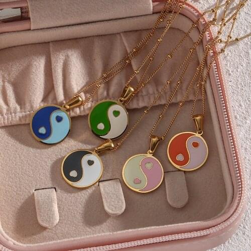 2021 New Design Colorful Enamel Circle Pendant Yingyang Coin Necklace Comfortable Beads Chain Cute Circle Charm Necklace