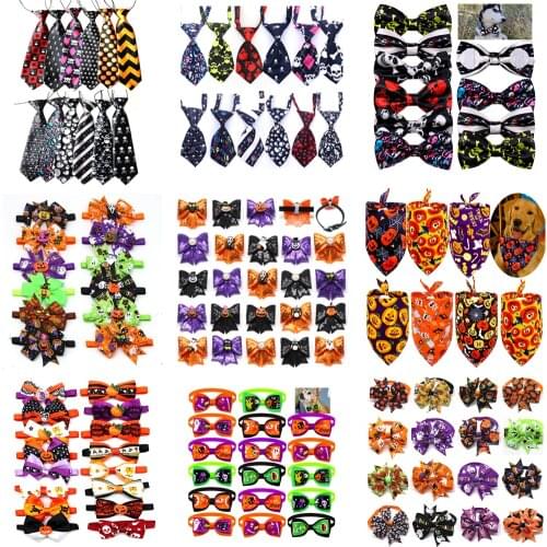 50pcs Halloween Dog Accessories Pumpkin Skull Dog Pet Bow Tie Bandana for Holiday Small Dog Grooming Products Large Dog Items