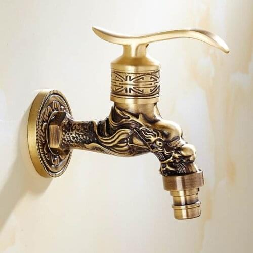 Antique Bronze Bathroom Sink Faucet Dragon Washing Machine Tap Wall Mounted Tap