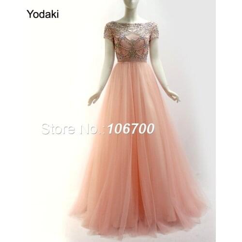 Real Photos Short Sleeves Ball Gown robe de soiree Crystal Beading Backless Pink White Colors Tulle Evening Prom Dresses