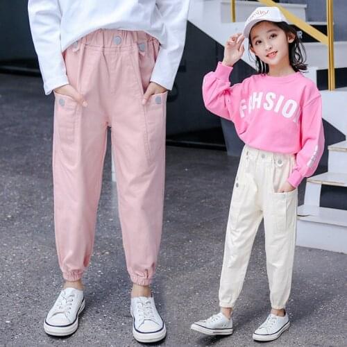 New Fashion Pink White Cargo Pants Korean Sportswear for Teen Girl Button Design Cargo Pants Sweatpants Elastic Waist Harem Pant