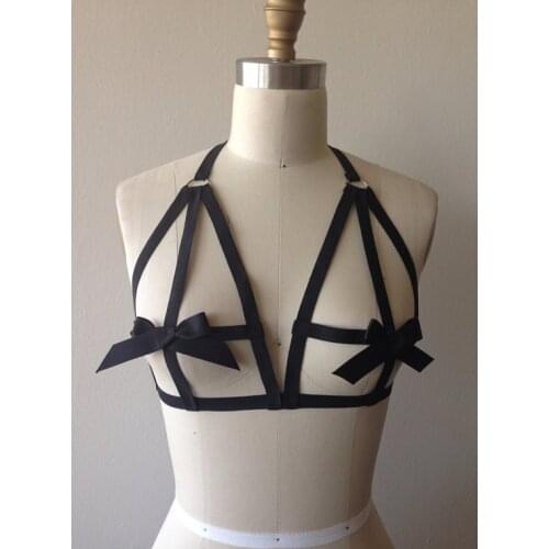 Black Elastic Ribbon Pasties Bows Cage Bondage Goth Harness Burlesque Frame Bra Bralette Dancer Cage Exotic