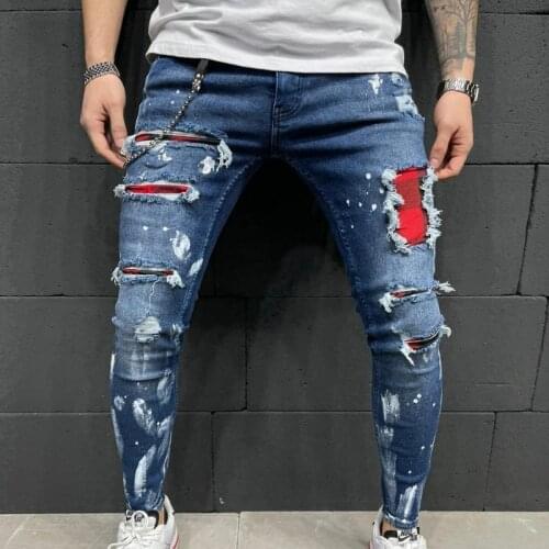 New Men Ripped Skinny Jeans Slim Biker Pencil Pants Locomotive Hole Beggar Cowboy Pants Street Retro Denim Clothing Men