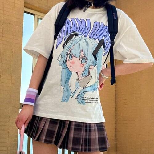 Super Cute Anime Printing Tee Women Cotton T Shirts Oversized Japanese Style 2021Summer Harajuku Teens Girls Plus Size Tees Tops