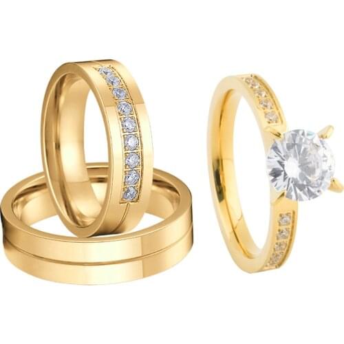 3pcs 18k Gold Plated Wedding Engagement Rings Set for Men And Women Lovers Couple Ring Titanium Marriage Anniversary Gift