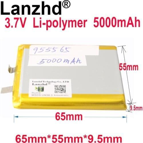 10pcs 3.7V Lithium polymer battery 5000mAh 55*60*9.5mm Soft package battery For Power Bank Bluetooth Speakers Tablet DVD battery