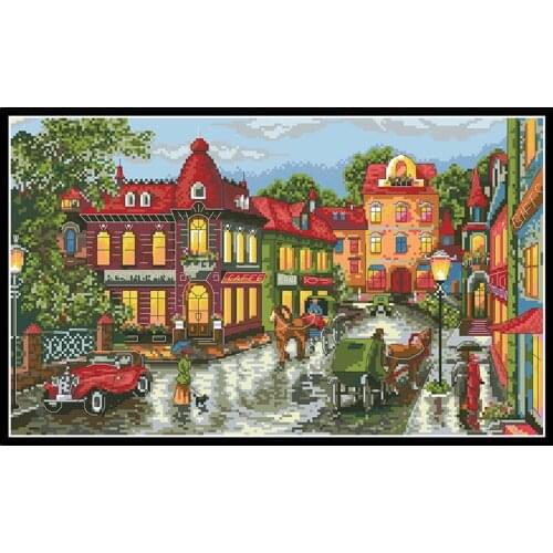 Street After Rain Cross Stitch Kits Printed Landscape Embroidery Sets Canvas For Needlework 11CT 14CT DIY Crafts Home Decoration
