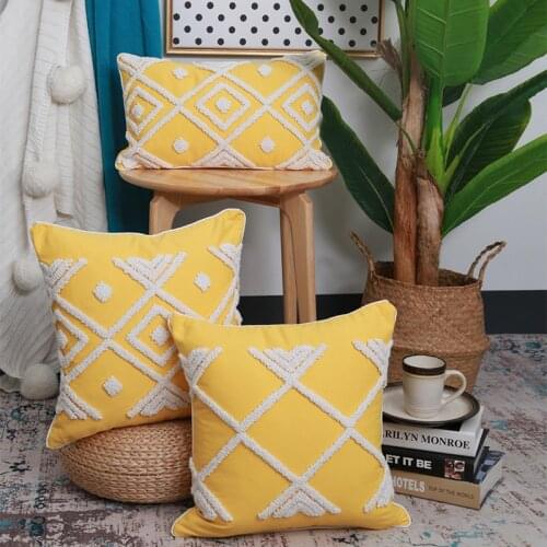 Fashion Indian Geometric Embroidery Cushion Cover Living Room Sofa Nordic Style Yellow Tufted 45*45CM Pillowcase