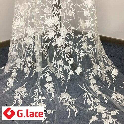 GLace 1Y/lot Off White embroidered lace fabric wedding dress skirt fashion decoration material clothing curtain DIYTX153