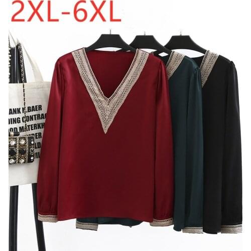 New 2021 Ladies Spring Autumn Plus Size Tops For Women Large Blouse Long Sleeve Loose Red Lace V-neck Shirt 3XL 4XL 5XL 6XL