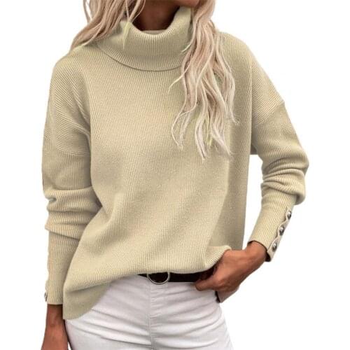 Solid Color Long Sleeve Knitted Sweater Autumn Winter Turtleneck Buttons Cuff Women Sweater Pullover Ladies Clothing