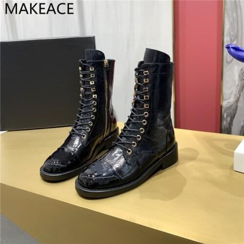 Autumn Female Cross Strap Black And White Leather Shoes Flat Bottom Martin Boots Lace Up Short Boots Round Toe Women Shoes 2021