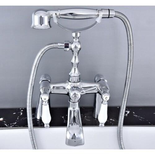 Polished Chrome Deck Mounted Bathroom Tub Faucet Dual Handles Telephone Style Hand Shower Clawfoot Tub Filler atf764